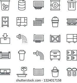 Thin Line Icon Set - trash bin vector, checkroom, bucket, watering, railroad, truck trailer, cargo container, consolidated, package, oil barrel, heavy scales, archive box, water filter