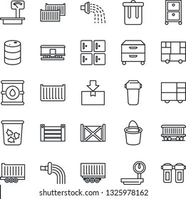 Thin Line Icon Set - trash bin vector, checkroom, bucket, watering, railroad, truck trailer, cargo container, consolidated, package, oil barrel, heavy scales, archive box, water filter