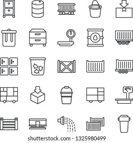 Thin Line Icon Set - trash bin vector, checkroom, bucket, watering, railroad, truck trailer, cargo container, consolidated, package, oil barrel, heavy scales, archive box, water filter
