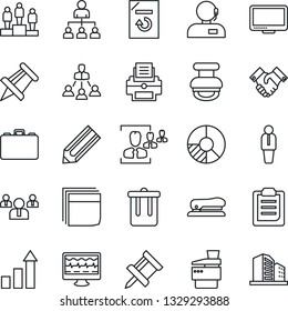 Thin Line Icon Set - trash bin vector, manager, growth statistic, hierarchy, case, pedestal, team, drawing pin, document reload, pencil, circle chart, monitor pulse, clipboard, hr, blank box, copier