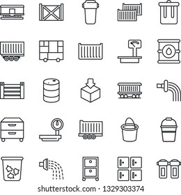Thin Line Icon Set - trash bin vector, checkroom, bucket, watering, railroad, truck trailer, cargo container, consolidated, package, oil barrel, heavy scales, archive box, water filter