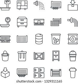 Thin Line Icon Set - trash bin vector, checkroom, bucket, watering, railroad, truck trailer, cargo container, consolidated, package, oil barrel, heavy scales, archive box, water filter