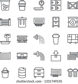 Thin Line Icon Set - trash bin vector, checkroom, bucket, watering, railroad, truck trailer, cargo container, consolidated, package, oil barrel, heavy scales, archive box, water filter