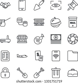 Thin Line Icon Set - trash bin vector, plane, handshake, job, trowel, shovel, blood pressure, diet, railroad, store, cell phone, mobile camera, sim, folder, music, drawing pin, mailbox, lock, router
