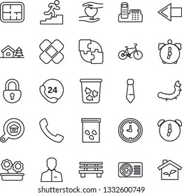 Thin Line Icon Set - trash bin vector, left arrow, tie, bench, seeds, caterpillar, patch, bike, heart hand, 24 hours, clock, call, user, alarm, lock, application, office phone, career ladder, plan