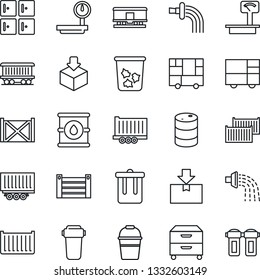 Thin Line Icon Set - trash bin vector, checkroom, bucket, watering, railroad, truck trailer, cargo container, consolidated, package, oil barrel, heavy scales, archive box, water filter