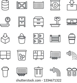 Thin Line Icon Set - trash bin vector, checkroom, bucket, watering, truck trailer, cargo container, consolidated, package, oil barrel, heavy scales, railroad, archive box, water filter