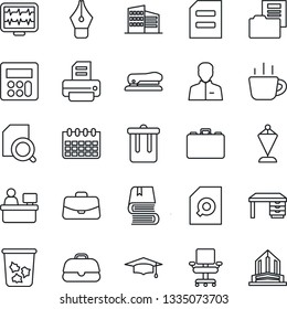 Thin Line Icon Set - trash bin vector, case, pennant, graduate, desk, document, coffee, manager place, calendar, printer, monitor pulse, user, calculator, folder, search, ink pen, office chair, book