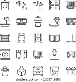 Thin Line Icon Set - trash bin vector, checkroom, bucket, watering, railroad, truck trailer, cargo container, consolidated, package, oil barrel, heavy scales, archive box, water filter