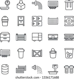 Thin Line Icon Set - trash bin vector, checkroom, bucket, watering, railroad, truck trailer, cargo container, consolidated, package, oil barrel, heavy scales, archive box, water filter