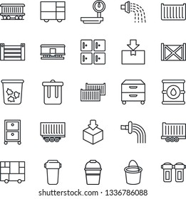 Thin Line Icon Set - trash bin vector, checkroom, bucket, watering, railroad, truck trailer, cargo container, consolidated, package, oil barrel, heavy scales, archive box, water filter