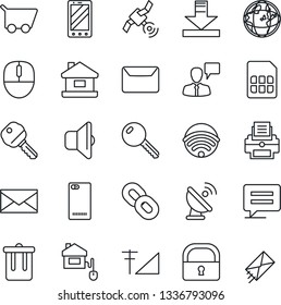 Thin Line Icon Set - trash bin vector, mobile phone, speaking man, mail, mouse, satellite antenna, chain, back, message, sim, download, lock, cellular signal, printer, house, key, wireless, sound