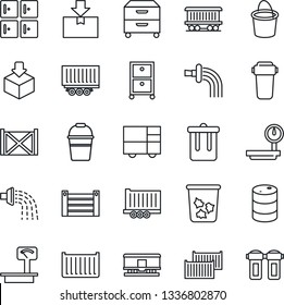 Thin Line Icon Set - trash bin vector, checkroom, bucket, watering, railroad, truck trailer, cargo container, consolidated, package, oil barrel, heavy scales, archive box, water filter