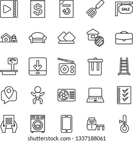Thin Line Icon Set - trash bin vector, waiting area, baby, mobile phone, notebook pc, document, reload, garden fork, ladder, tracking, receipt, sea port, heavy scales, radio, download, video, case