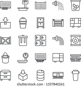 Thin Line Icon Set - trash bin vector, checkroom, bucket, watering, railroad, truck trailer, cargo container, consolidated, package, oil barrel, heavy scales, archive box, water filter