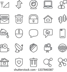 Thin Line Icon Set - trash bin vector, speaking man, mouse, house, heart shield, satellite antenna, video camera, laptop pc, share, phone back, message, mail, data exchange, lock, cellular signal
