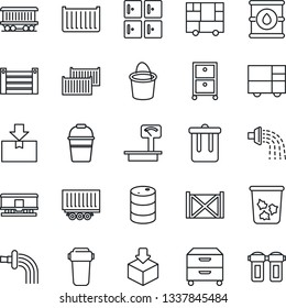 Thin Line Icon Set - trash bin vector, checkroom, bucket, watering, railroad, truck trailer, cargo container, consolidated, package, oil barrel, heavy scales, archive box, water filter