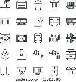 Thin Line Icon Set - trash bin vector, checkroom, bucket, watering, railroad, truck trailer, cargo container, consolidated, package, oil barrel, heavy scales, archive box, water filter