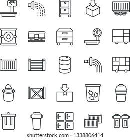 Thin Line Icon Set - trash bin vector, checkroom, bucket, watering, truck trailer, cargo container, consolidated, package, oil barrel, heavy scales, railroad, archive box, water filter