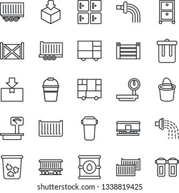 Thin Line Icon Set - trash bin vector, checkroom, bucket, watering, railroad, truck trailer, cargo container, consolidated, package, oil barrel, heavy scales, archive box, water filter