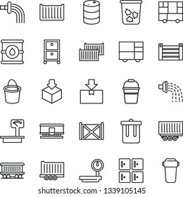 Thin Line Icon Set - trash bin vector, checkroom, bucket, watering, railroad, truck trailer, cargo container, consolidated, package, oil barrel, heavy scales, archive box, water filter