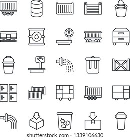 Thin Line Icon Set - trash bin vector, checkroom, bucket, watering, railroad, truck trailer, cargo container, consolidated, package, oil barrel, heavy scales, archive box, water filter