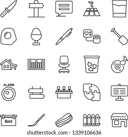 Thin Line Icon Set - trash bin vector, signpost, office chair, job, blood pressure, scalpel, barcode, message, music, application, presentation board, meeting, pen, house with garage, fence, rent