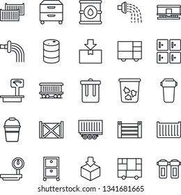 Thin Line Icon Set - trash bin vector, checkroom, bucket, watering, railroad, truck trailer, cargo container, consolidated, package, oil barrel, heavy scales, archive box, water filter