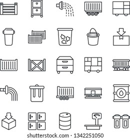 Thin Line Icon Set - trash bin vector, checkroom, bucket, watering, railroad, truck trailer, cargo container, consolidated, package, oil barrel, heavy scales, archive box, water filter