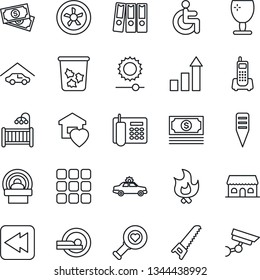Thin Line Icon Set - trash bin vector, alarm car, growth statistic, saw, fire, plant label, heart diagnostic, tomography, disabled, cash, office phone, fragile, rewind, menu, brightness, garage, fan
