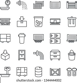 Thin Line Icon Set - trash bin vector, checkroom, bucket, watering, railroad, truck trailer, cargo container, consolidated, package, oil barrel, heavy scales, archive box, water filter