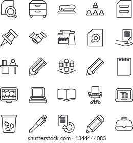 Thin Line Icon Set - trash bin vector, book, notebook pc, notepad, document, factory, reload, pencil, monitor pulse, drawing pin, search, manager desk, archive box, hierarchy, handshake, pen, case