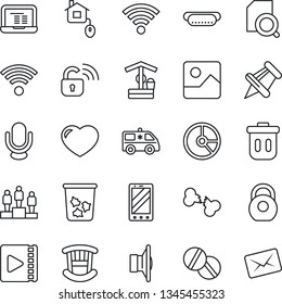 Thin Line Icon Set - trash bin vector, mobile phone, pedestal, notebook pc, circle chart, well, pills, ambulance car, broken bone, heavy, speaker, microphone, heart, paper pin, gallery, wireless