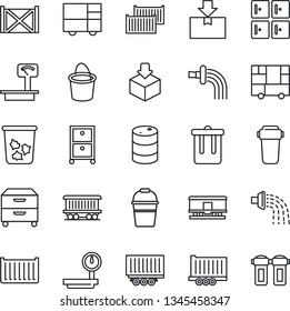 Thin Line Icon Set - trash bin vector, checkroom, bucket, watering, railroad, truck trailer, cargo container, consolidated, package, oil barrel, heavy scales, archive box, water filter