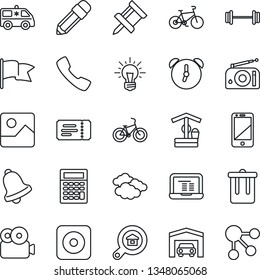 Thin Line Icon Set - trash bin vector, ticket, clouds, notebook pc, well, ambulance car, barbell, bike, radio, cell phone, rec button, call, gallery, alarm, bell, video, drawing pin, pencil, garage