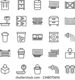 Thin Line Icon Set - trash bin vector, checkroom, bucket, watering, railroad, truck trailer, cargo container, package, oil barrel, heavy scales, archive box, water filter