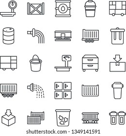 Thin Line Icon Set - trash bin vector, checkroom, bucket, watering, railroad, truck trailer, cargo container, consolidated, package, oil barrel, heavy scales, archive box, water filter
