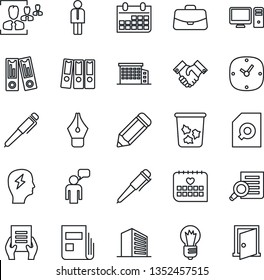 Thin Line Icon Set - trash bin vector, manager, speaking man, office building, case, binder, document search, pen, brainstorm, bulb, calendar, pencil, medical, clock, news, hr, ink, paper, handshake