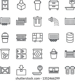 Thin Line Icon Set - trash bin vector, checkroom, bucket, watering, railroad, truck trailer, cargo container, consolidated, package, oil barrel, heavy scales, archive box, water filter