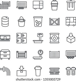 Thin Line Icon Set - trash bin vector, checkroom, bucket, watering, railroad, truck trailer, cargo container, consolidated, package, oil barrel, heavy scales, archive box, water filter