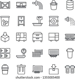 Thin Line Icon Set - trash bin vector, checkroom, bucket, watering, railroad, truck trailer, cargo container, consolidated, package, oil barrel, heavy scales, archive box, water filter