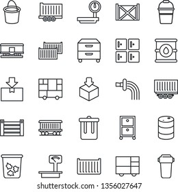 Thin Line Icon Set - trash bin vector, checkroom, bucket, watering, railroad, truck trailer, cargo container, consolidated, package, oil barrel, heavy scales, archive box, water filter