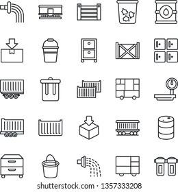 Thin Line Icon Set - trash bin vector, checkroom, bucket, watering, railroad, truck trailer, cargo container, consolidated, package, oil barrel, heavy scales, archive box, water filter