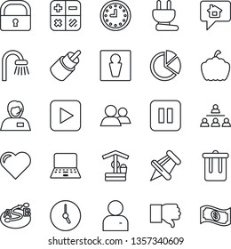 Thin Line Icon Set - trash bin vector, male, calculator, notebook pc, well, pumpkin, heart, support, clock, route, group, finger down, paper pin, play button, pause, rca, user, lock, pie graph, cash