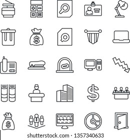 Thin Line Icon Set - trash bin vector, reception, ticket office, identity card, dollar sign, book, calculator, pennant, document search, money bag, crisis graph, circle chart, monitor pulse, meeting