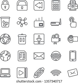 Thin Line Icon Set - trash bin vector, lock, mobile phone, mail, earth, video camera, touch screen, laptop pc, share, rewind, sim, network, download, wireless, calculator, printer, hot dog, router