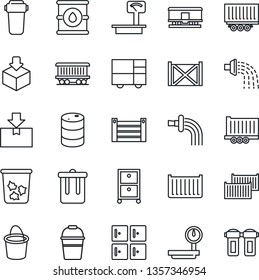 Thin Line Icon Set - trash bin vector, checkroom, bucket, watering, railroad, truck trailer, cargo container, consolidated, package, oil barrel, heavy scales, archive box, water filter