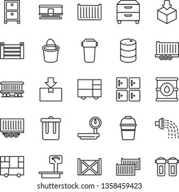 Thin Line Icon Set - trash bin vector, checkroom, bucket, watering, railroad, truck trailer, cargo container, consolidated, package, oil barrel, heavy scales, archive box, water filter