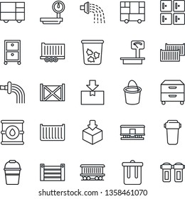 Thin Line Icon Set - trash bin vector, checkroom, bucket, watering, railroad, truck trailer, cargo container, consolidated, package, oil barrel, heavy scales, archive box, water filter