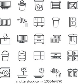 Thin Line Icon Set - trash bin vector, checkroom, bucket, watering, truck trailer, cargo container, consolidated, package, oil barrel, heavy scales, railroad, archive box, water filter